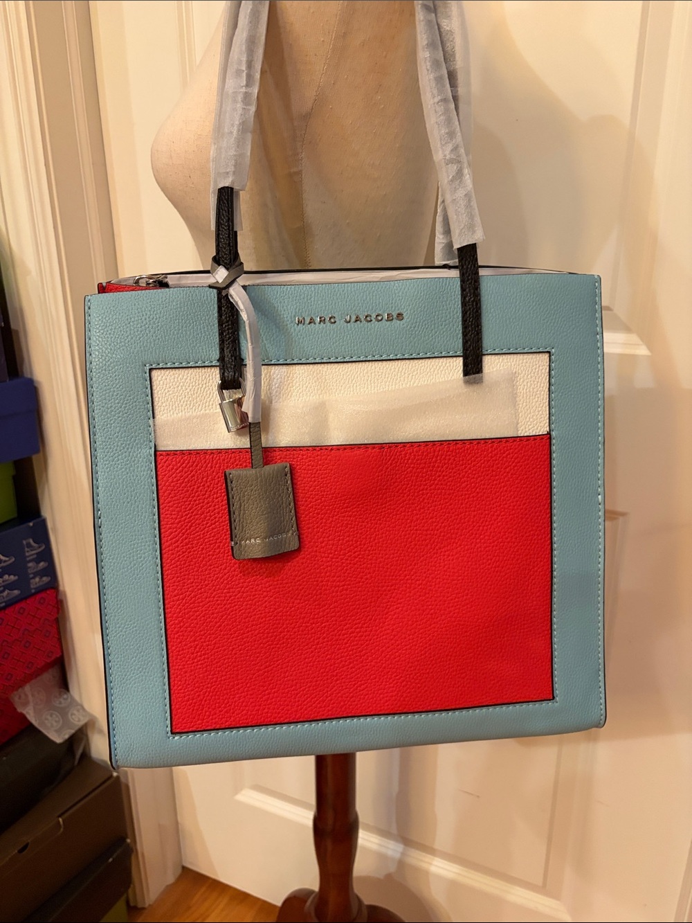 Marc Jacobs Colorblock Leather Tote in Light Blue, Red & White